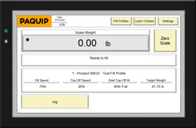 Load image into Gallery viewer, Control panel screen for a pail filling system showing the main filling control screen with weight readout