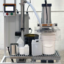 Load image into Gallery viewer, XPG-150 mobile pail gallon filling machine with various containers in an industrial setting
