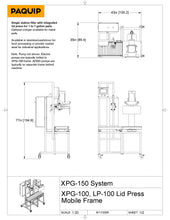 Load image into Gallery viewer, Technical drawing of a pail filling machine with dimensions top front and side views with notes
