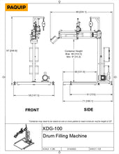 Load image into Gallery viewer, DC-100 Drum Tote Pail Filling machine front and side engineering drawing