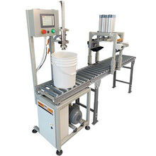 Load image into Gallery viewer, Pail filling machine with 5 gallon bucket, conveyor, and lid press on white background