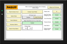 Load image into Gallery viewer, Control panel screen for a pail filling system showing machine settings including calibration and alarms
