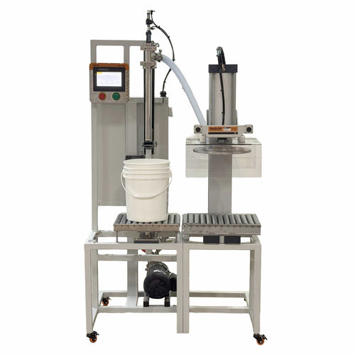 XPG-150 pail gallon filling machine with a white bucket on white background
